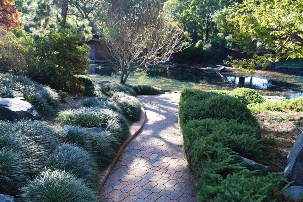 A person using a shovel to lay a stone garden path through a green backyard.
